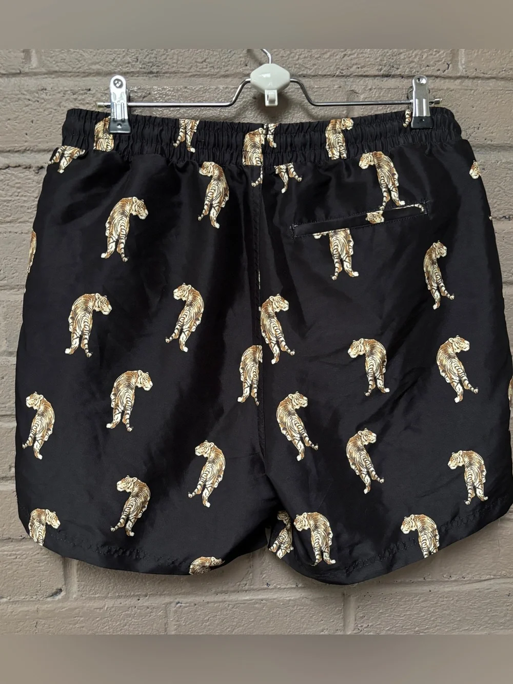 INC tiger, print black swim trunks M